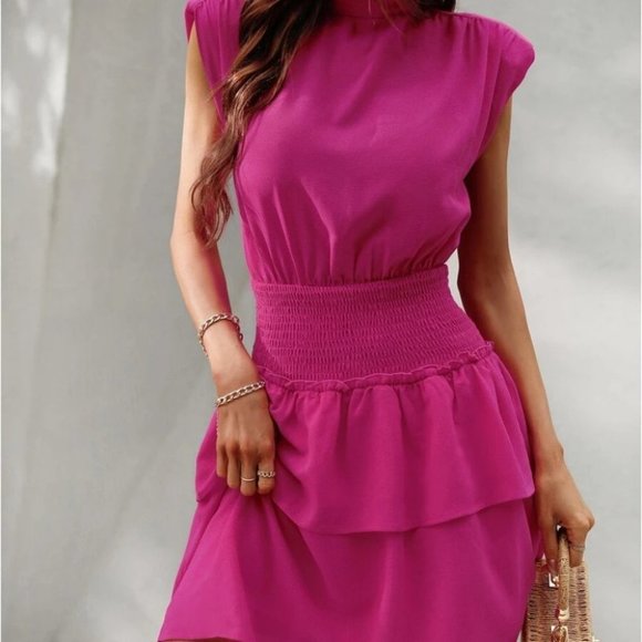 Mock Neck Shirred Waist Layered Hem Mini Dress Pink - Picture 5 of 8